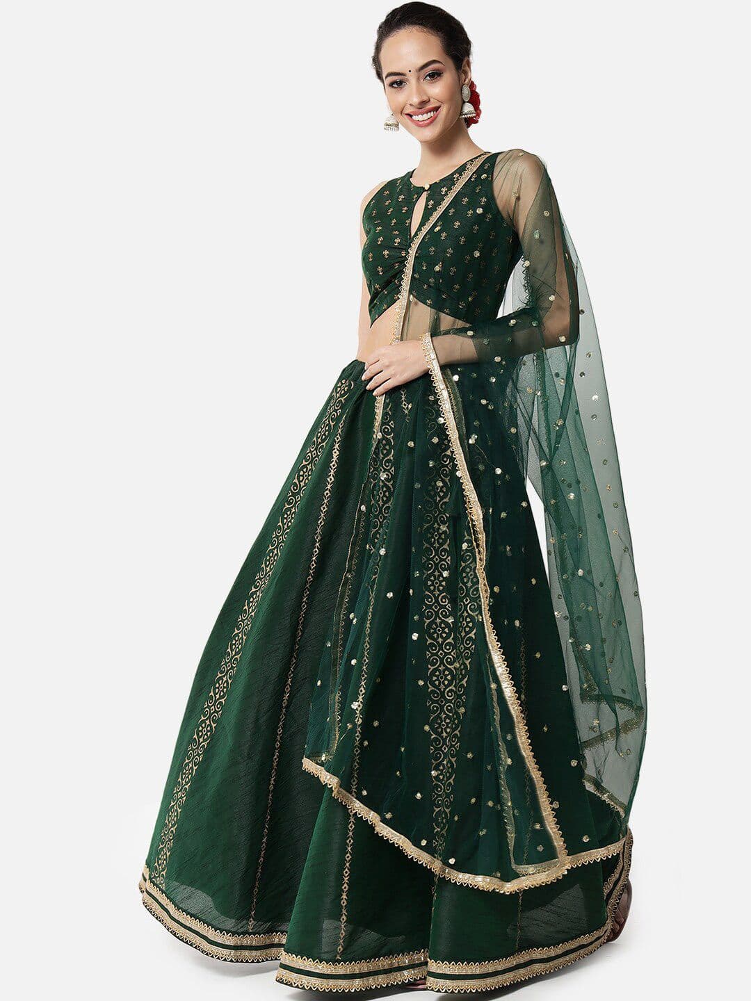 studio rasa Women Green And Gold Toned Block Print Lehenga & Blouse With Dupatta - view 1