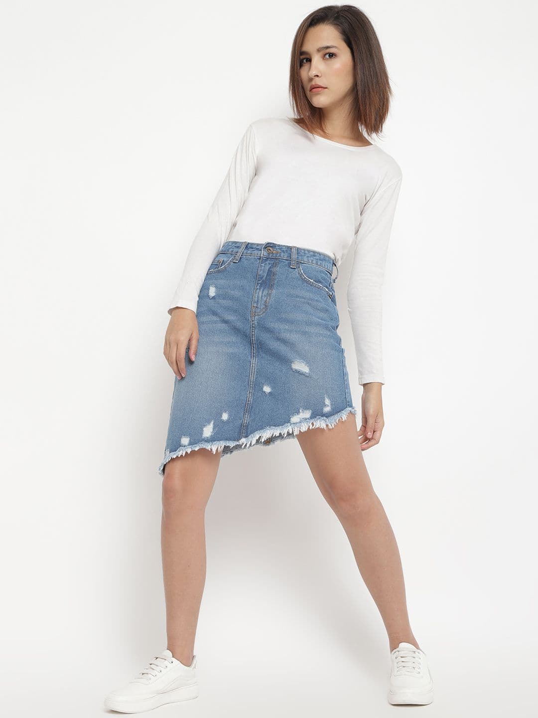 Belliskey Women Blue Distressed Above Knee Asymmetric Denim Skirt - view 1
