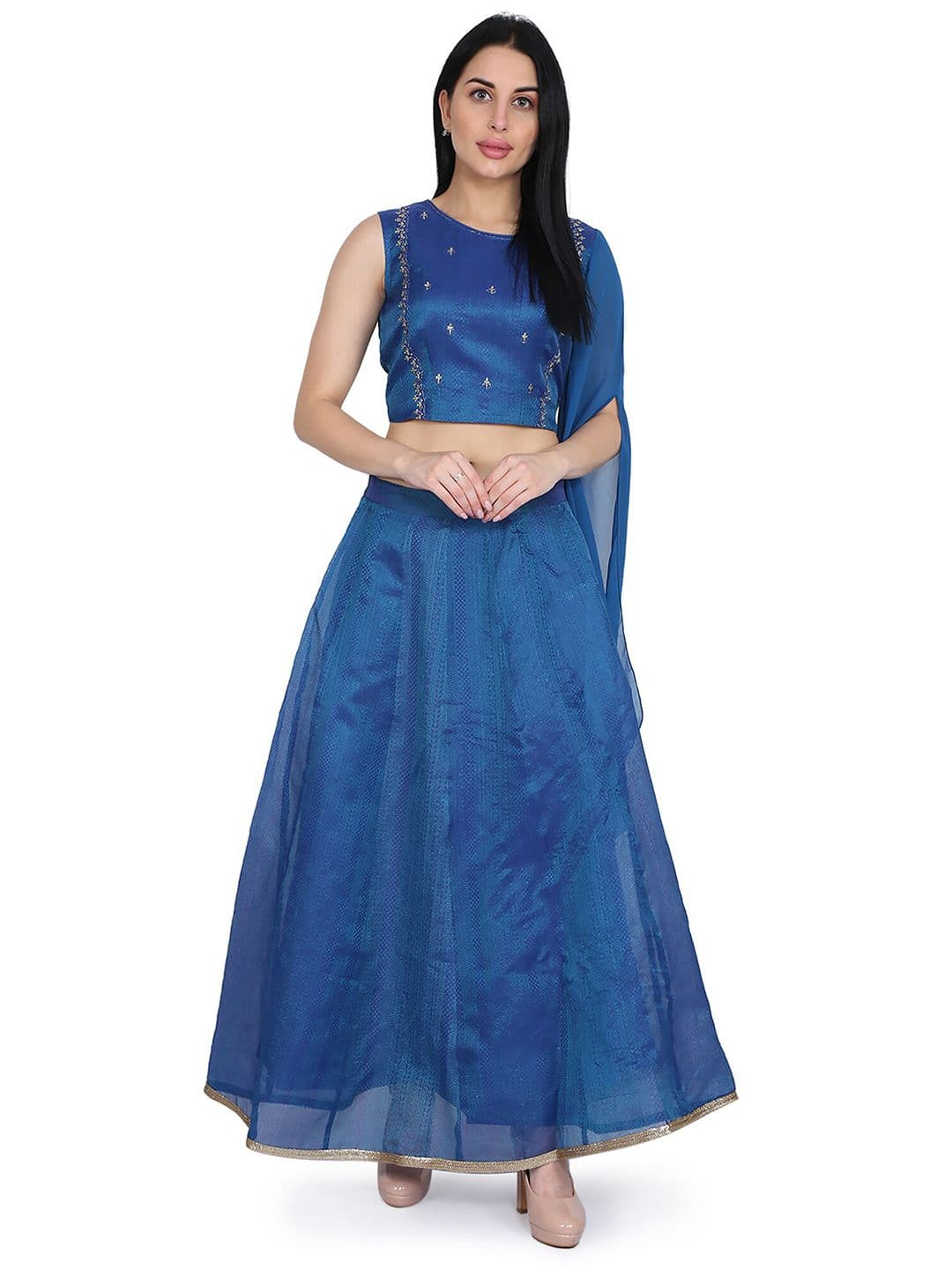 Be Indi Blue & Gold-Toned Embellished Ready to Wear Lehenga & - view 1