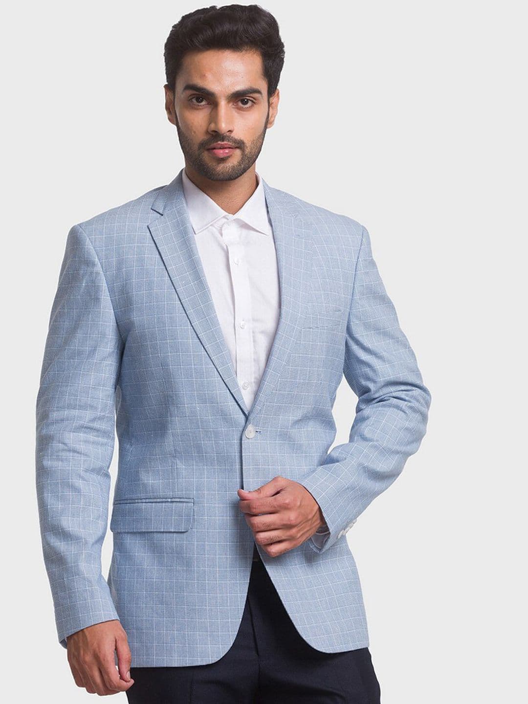 ColorPlus Men Blue Checked Single-Breasted Linen Formal Blazers - view 1