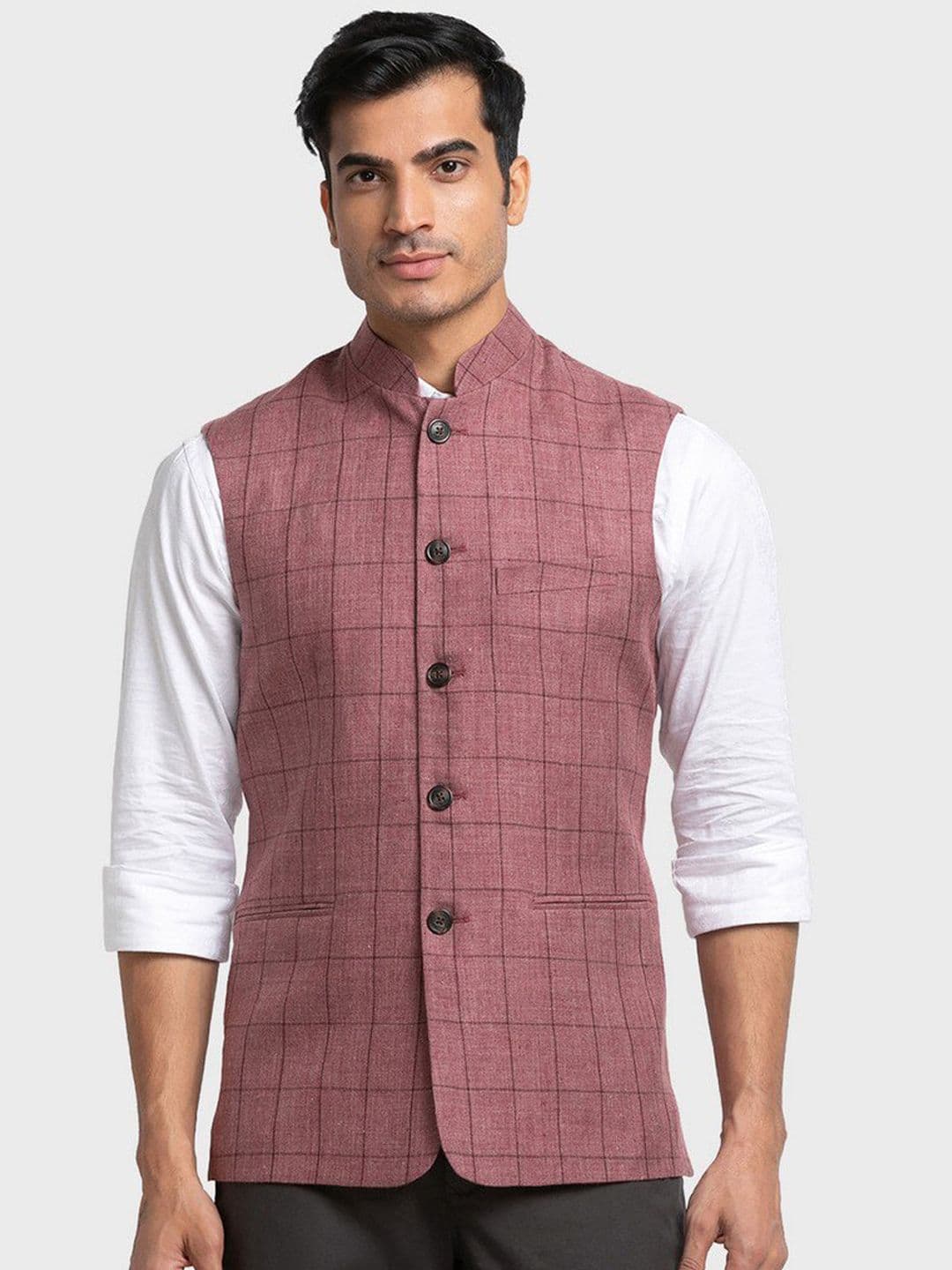 ColorPlus Red Checked Linen Nehru Jacket - view 1