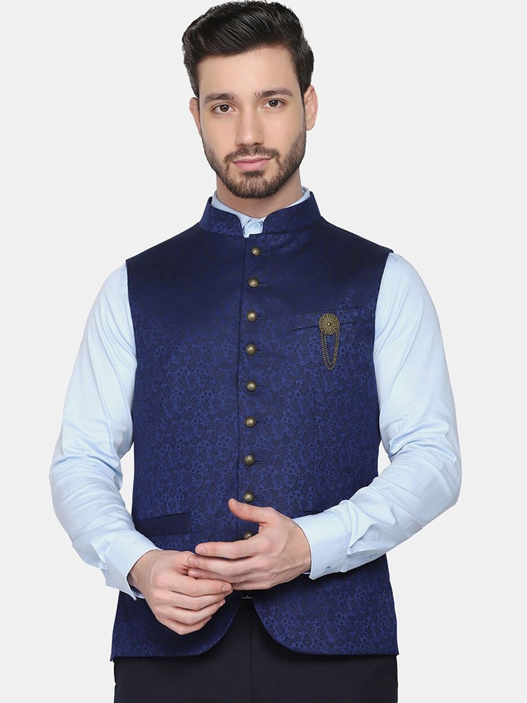 Blackberrys Men Navy Blue Bandgala Jcquard Design Slim Fit Waistcoat - view 1