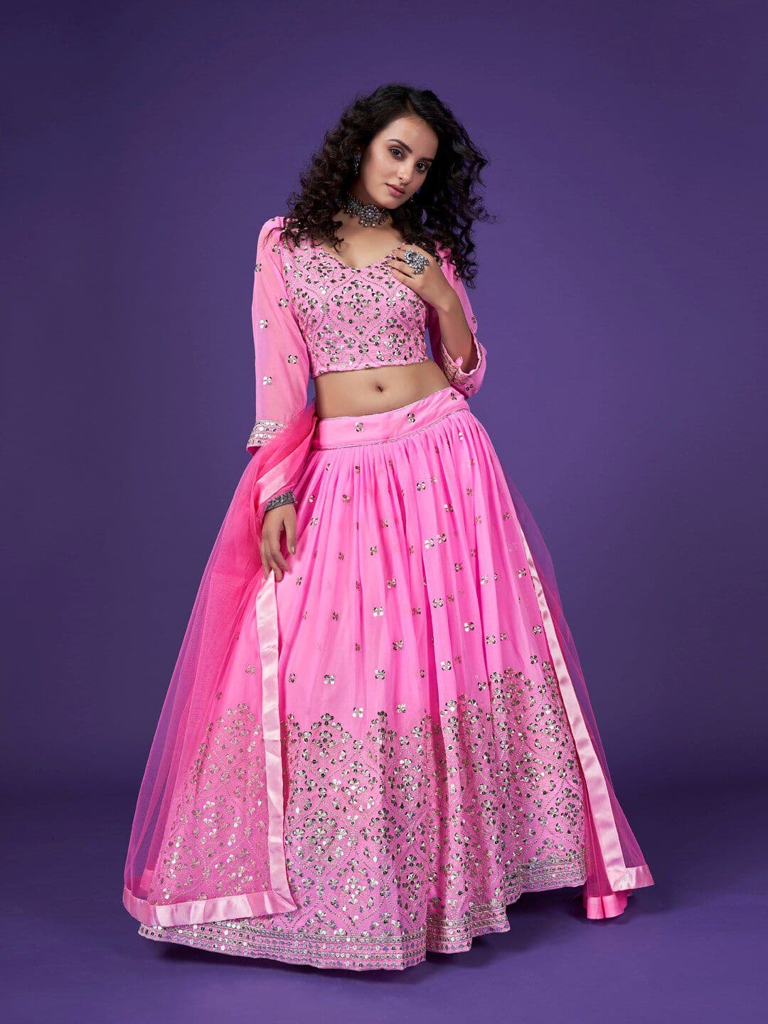 SHOPGARB Pink Sequins Embroidered Diwali Special Georgette Lehenga Choli - view 1