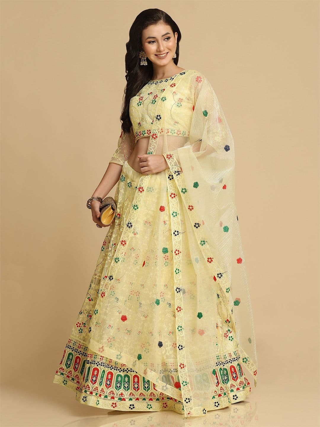 Warthy Ent Women Yellow Embroidered Semi-Stitched Lehenga & Unstitched Blouse With Dupatta - view 1