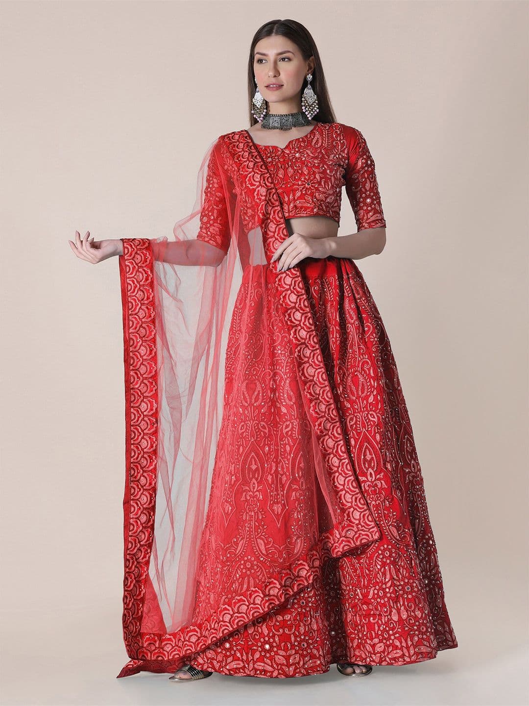 Warthy Ent Women Red Embroidered Semi-Stitched Lehenga & Unstitched Blouse With Dupatta - view 1