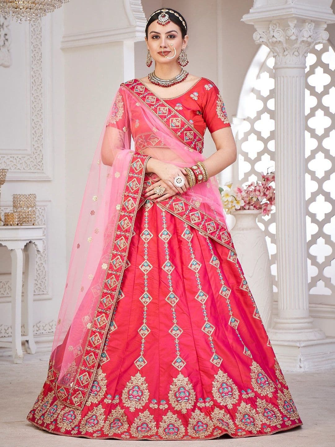 Warthy Ent Pink & Gold-Toned Embroidered Semi-Stitched Lehenga & Unstitched Blouse&Dupatta - view 1