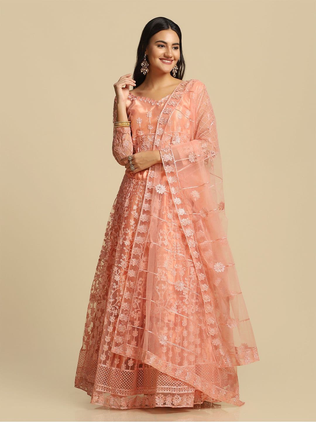 Warthy Ent Peach-Coloured Embroidered Semi-Stitched Lehenga & Unstitched Blouse & Dupatta - view 1