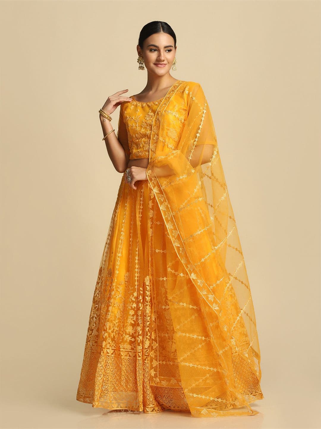 Warthy Ent Yellow Embroidered Thread Work Tie and Dye Semi-Stitched Lehenga & Unstitched Blouse With Dupatta - view 1