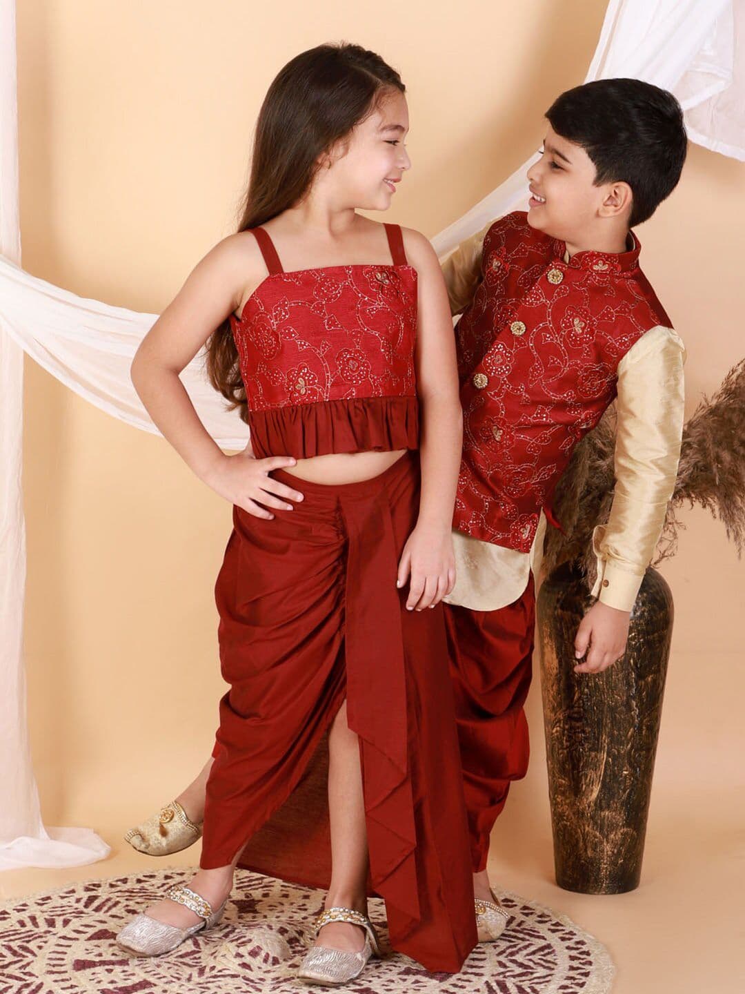 VASTRAMAY Girls Maroon & Gold-Toned Embroidered Sequinned Ready to Wear Lehenga & - view 1