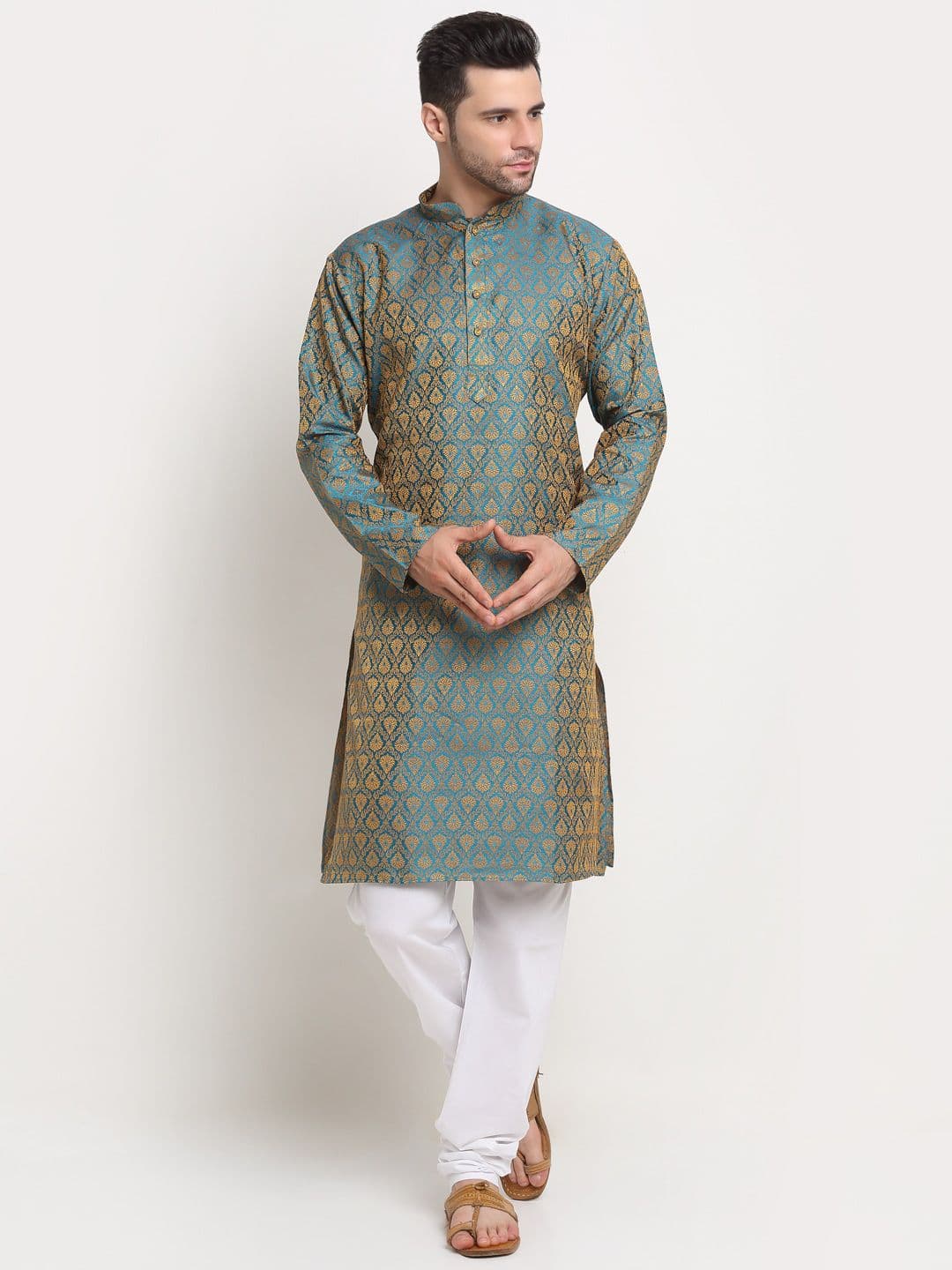 KRAFT INDIA Men Blue & Gold-Toned Ethnic Motifs Jacquard Kurta - view 1