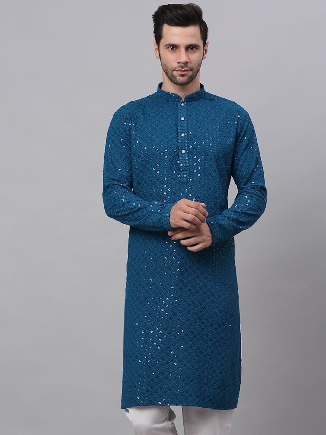 Jompers Men Teal Floral Embroidered Sequined Kurta - view 1