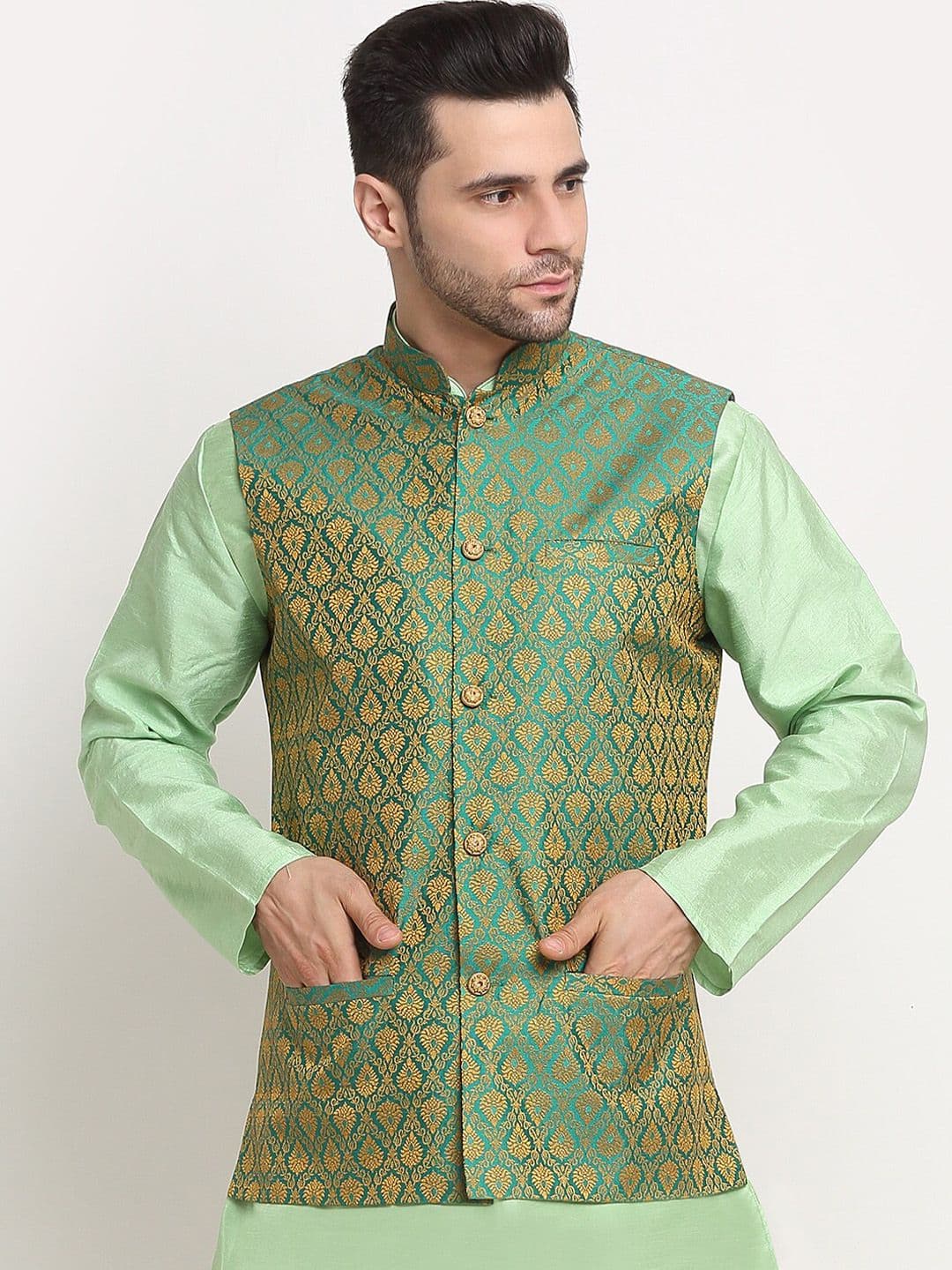 KRAFT INDIA Men Green Jacquard Woven Design Nehru Jacket - view 1