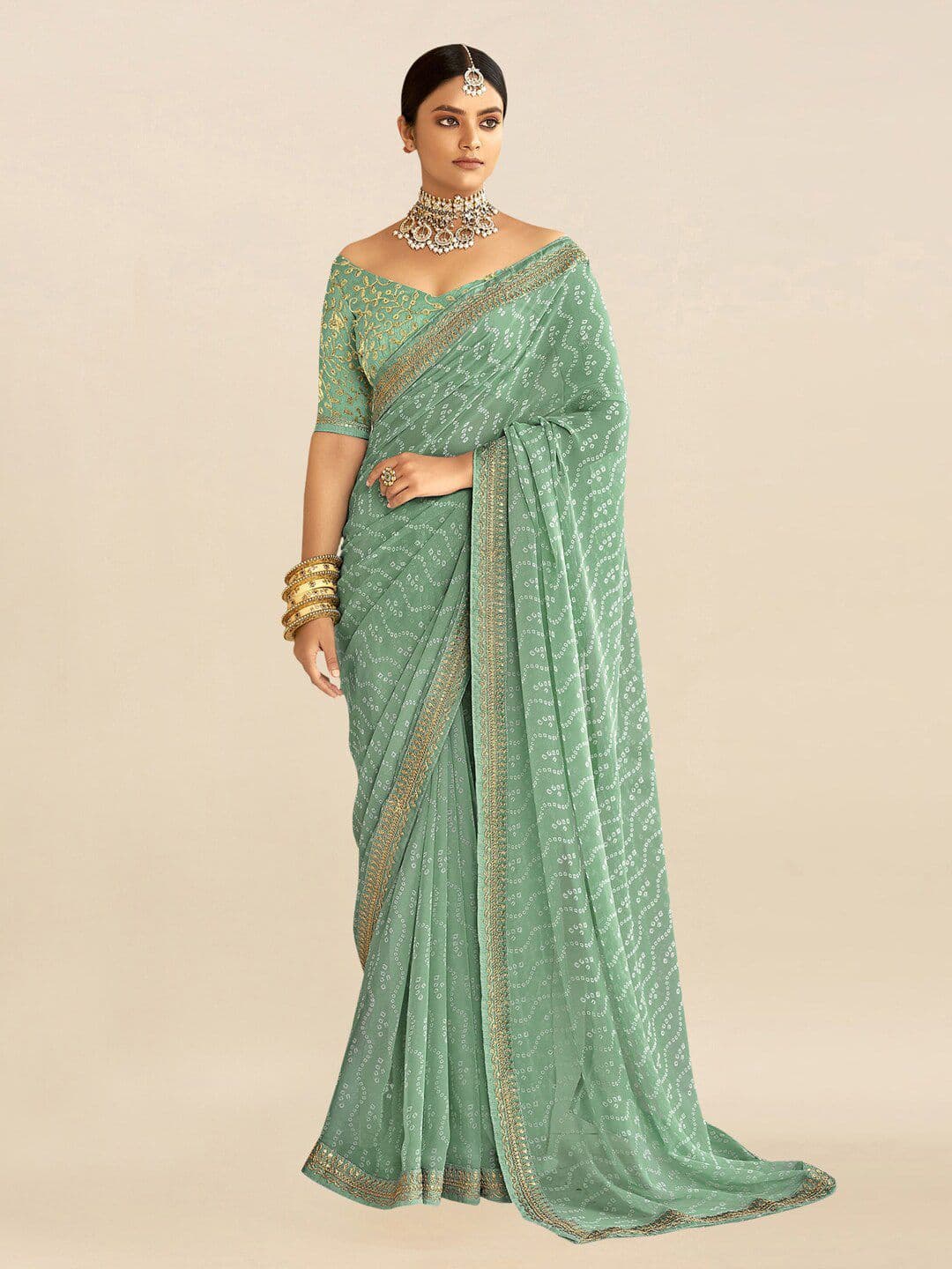 Mitera Sea Green & White Embroidered Pure Georgette Bandhani Saree - view 1
