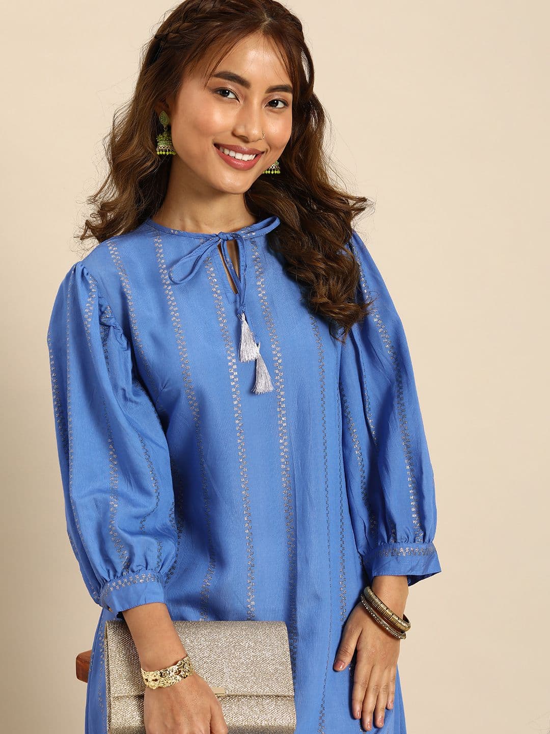 Sangria Women Jacquard Chanderi Silk Tie-Up Neck Puff Sleeves Kurta With Sequin Detail - view 1
