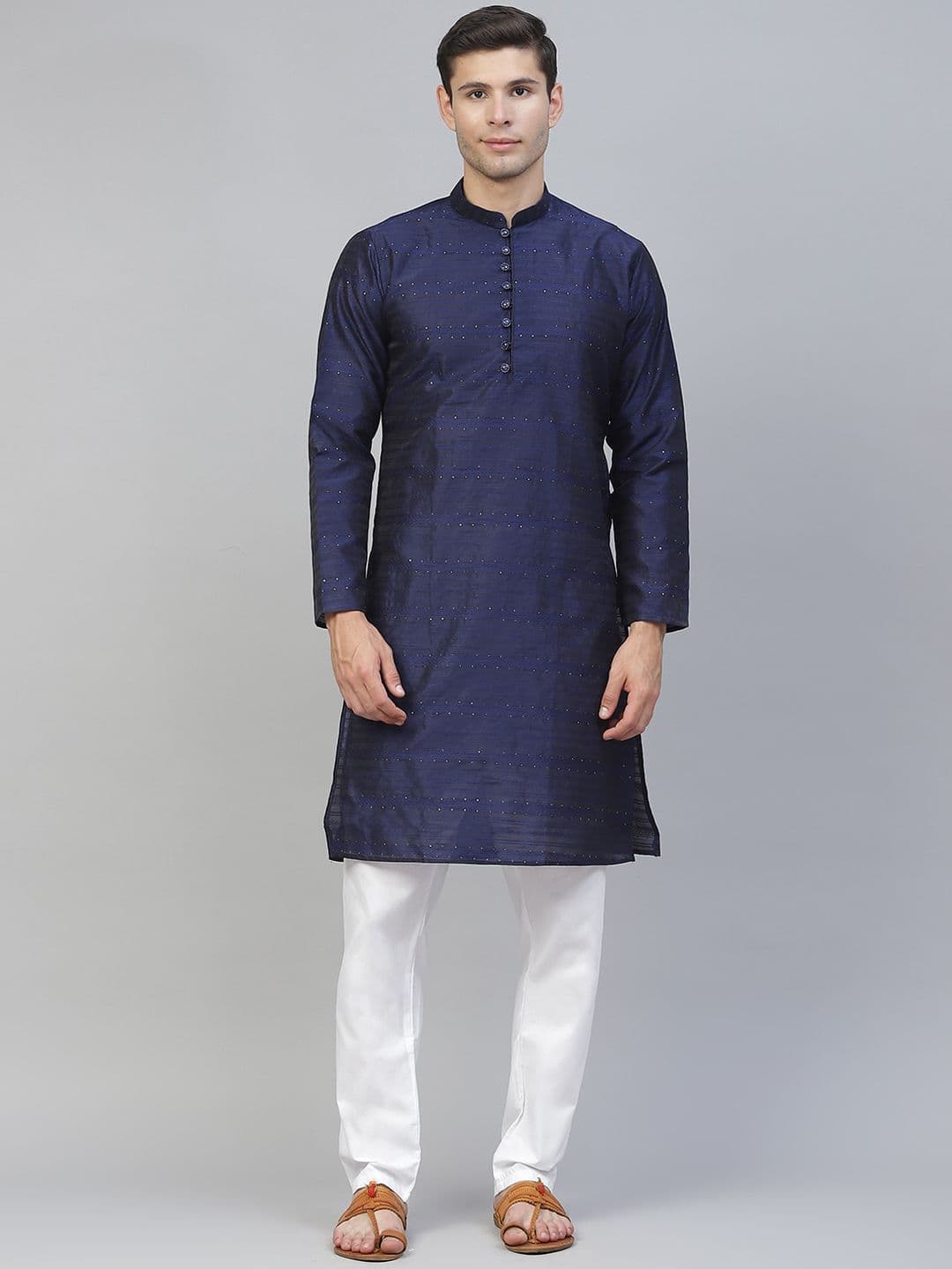 MANQ Men Navy Blue Woven Design Kurta - view 1