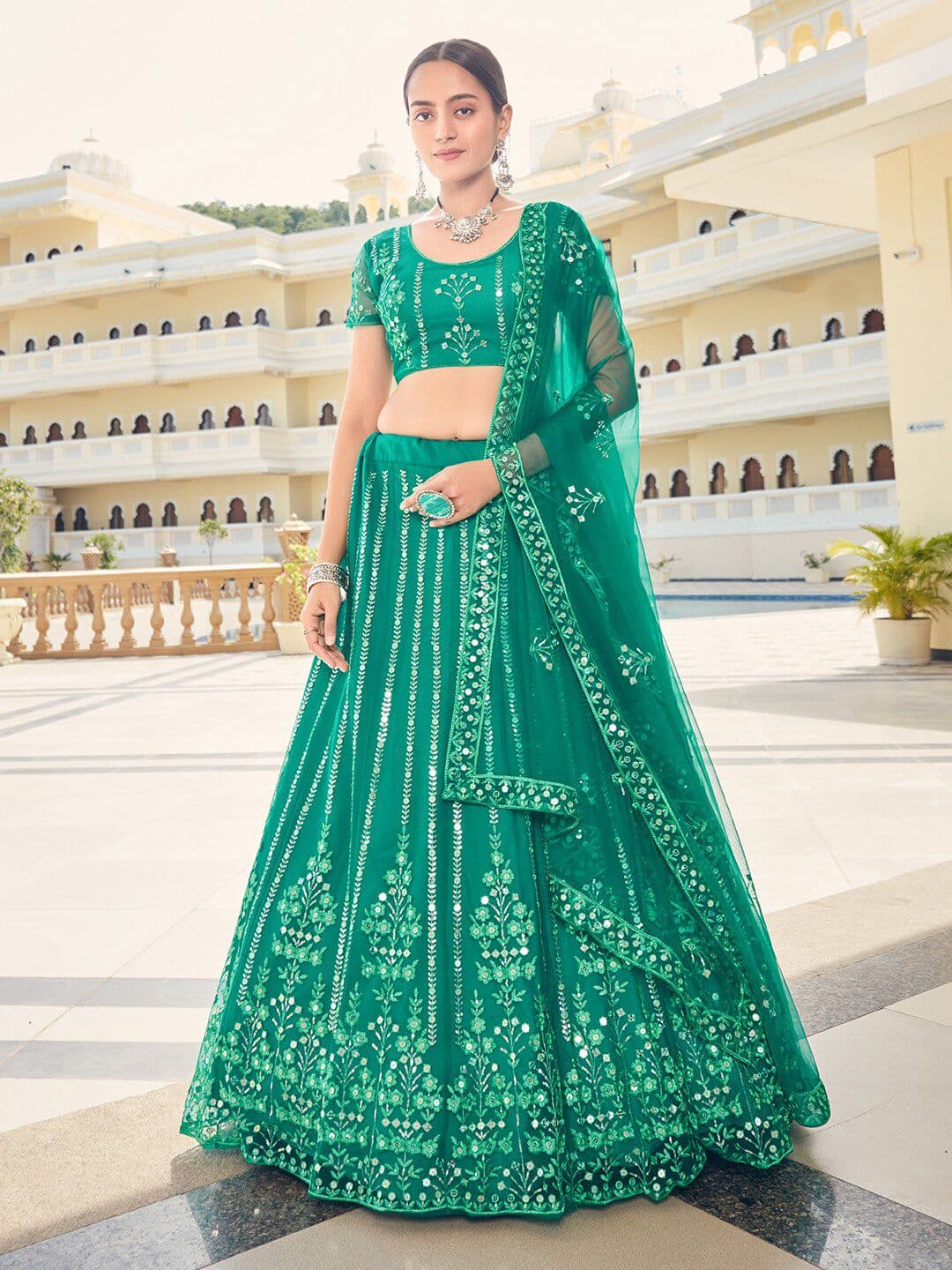 SHOPGARB Teal Embroidered Sequinned Semi-Stitched Lehenga & Unstitched Blouse With Dupatta - view 1