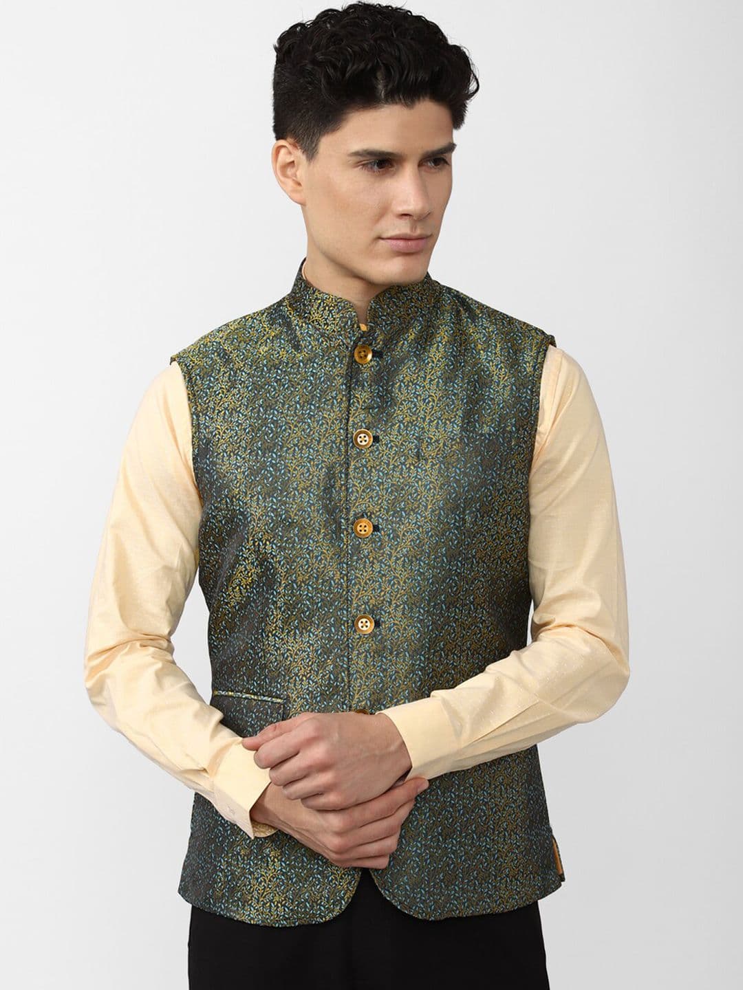 Peter England Elite Men Green Printed Nehru Jacket - view 1
