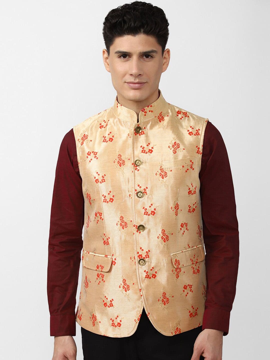 Peter England Elite Men Beige Printed Nehru Jacket - view 1
