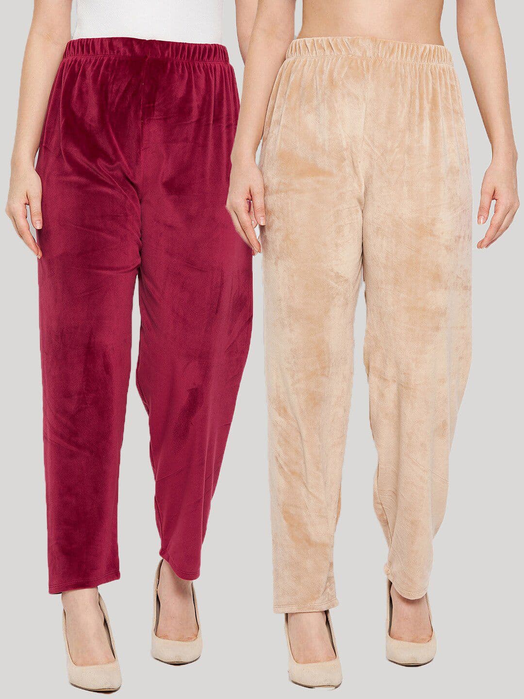 Clora Creation Women Pack of 2 Maroon & Beige Velvet Palazzos - view 1