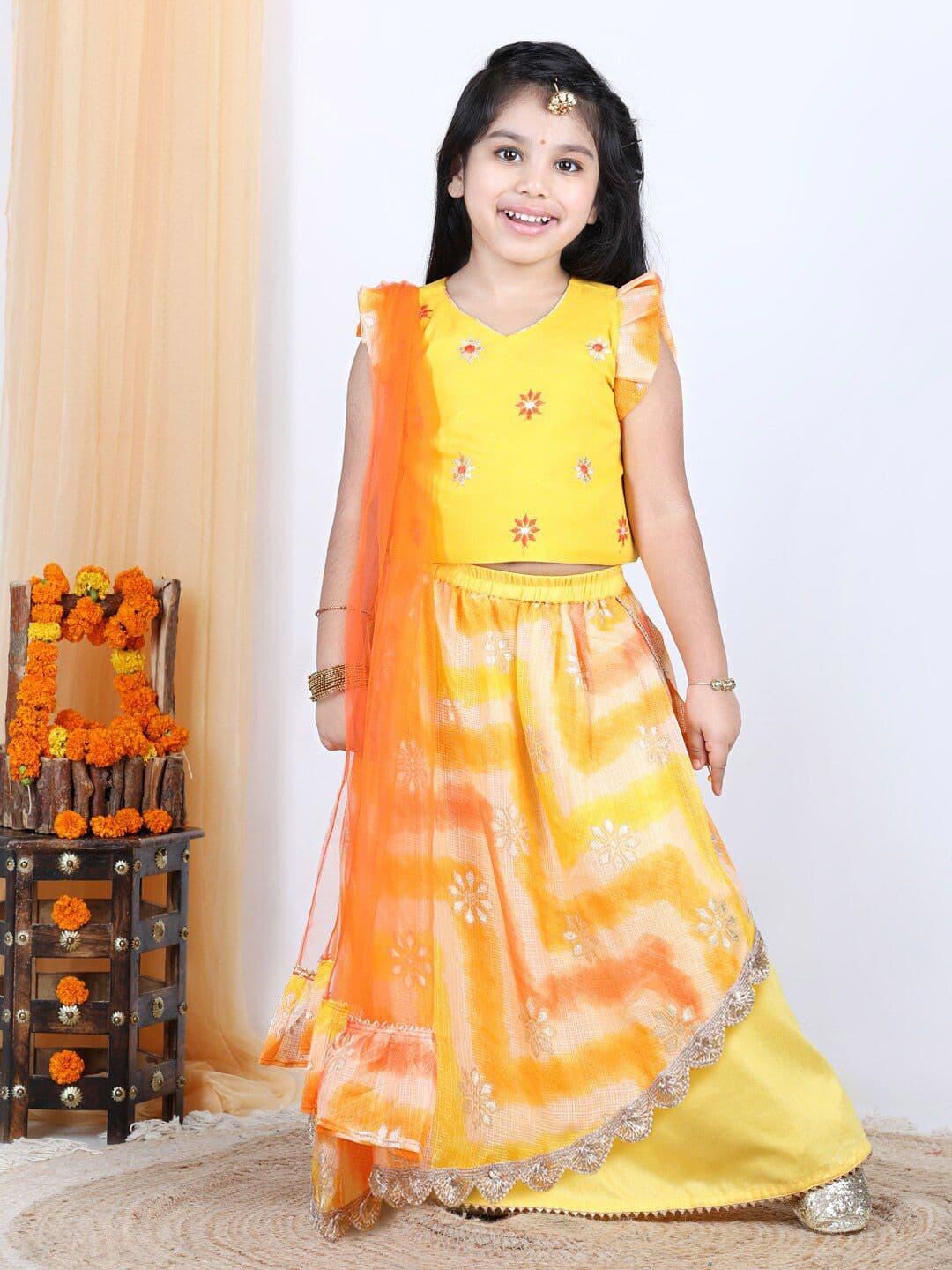 Here&Now X Kinder Kids Girls Yellow & Orange Embroidered Ready to Wear Lehenga & Blouse With Dupatta - view 1