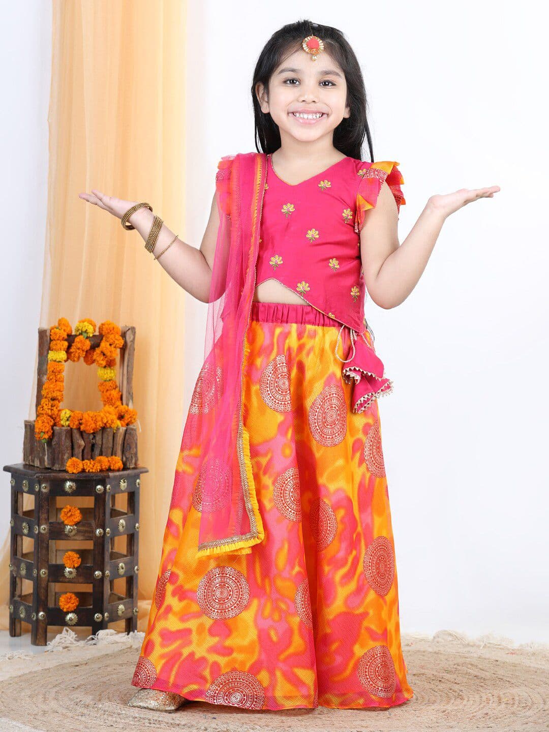 Here&Now X Kinder Kids Girls Pink & Orange Lehenga & Blouse With Dupatta - view 1