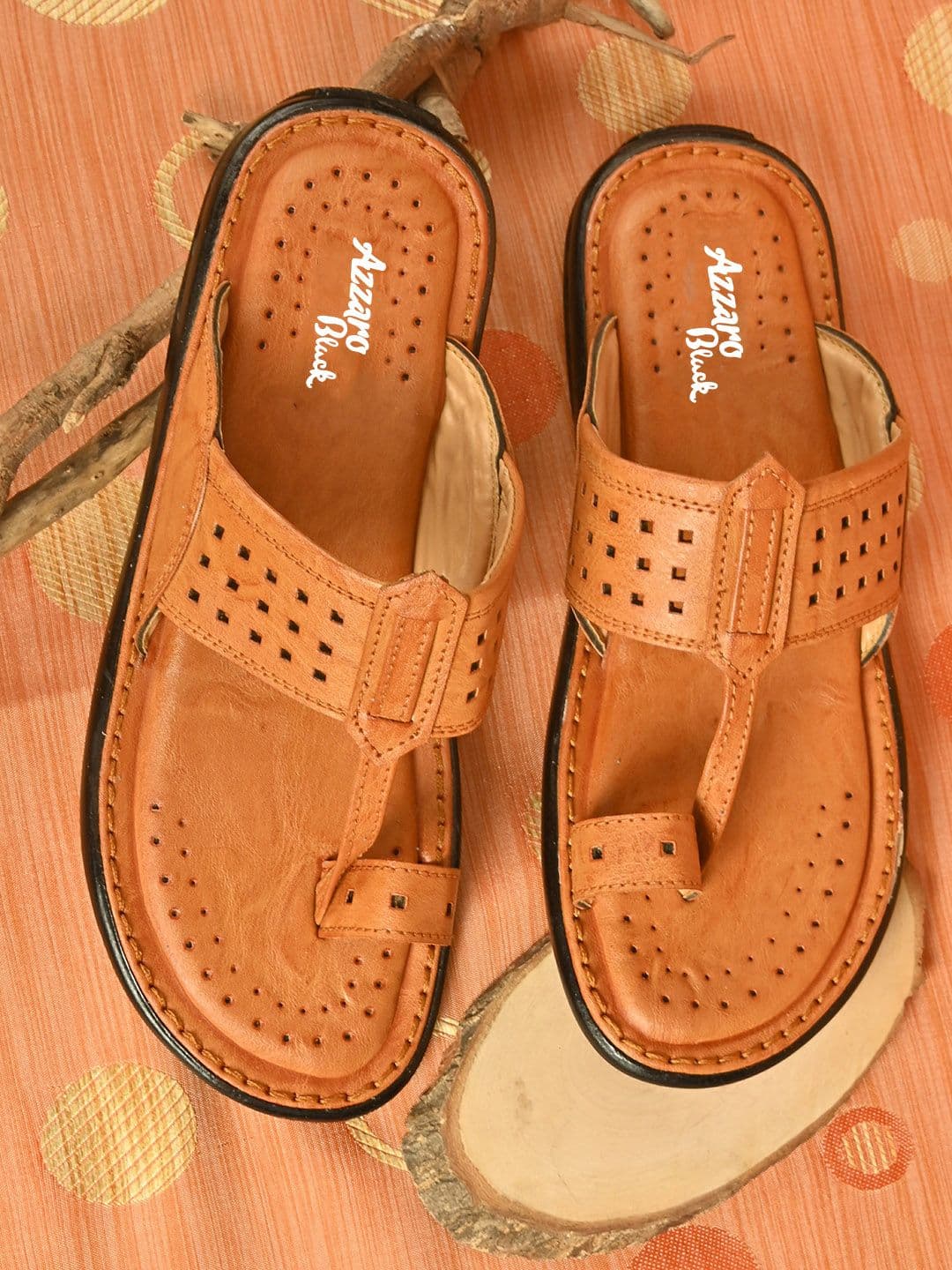 Azzaro Black Men Brown Cut-Out Kolhapuris - view 1