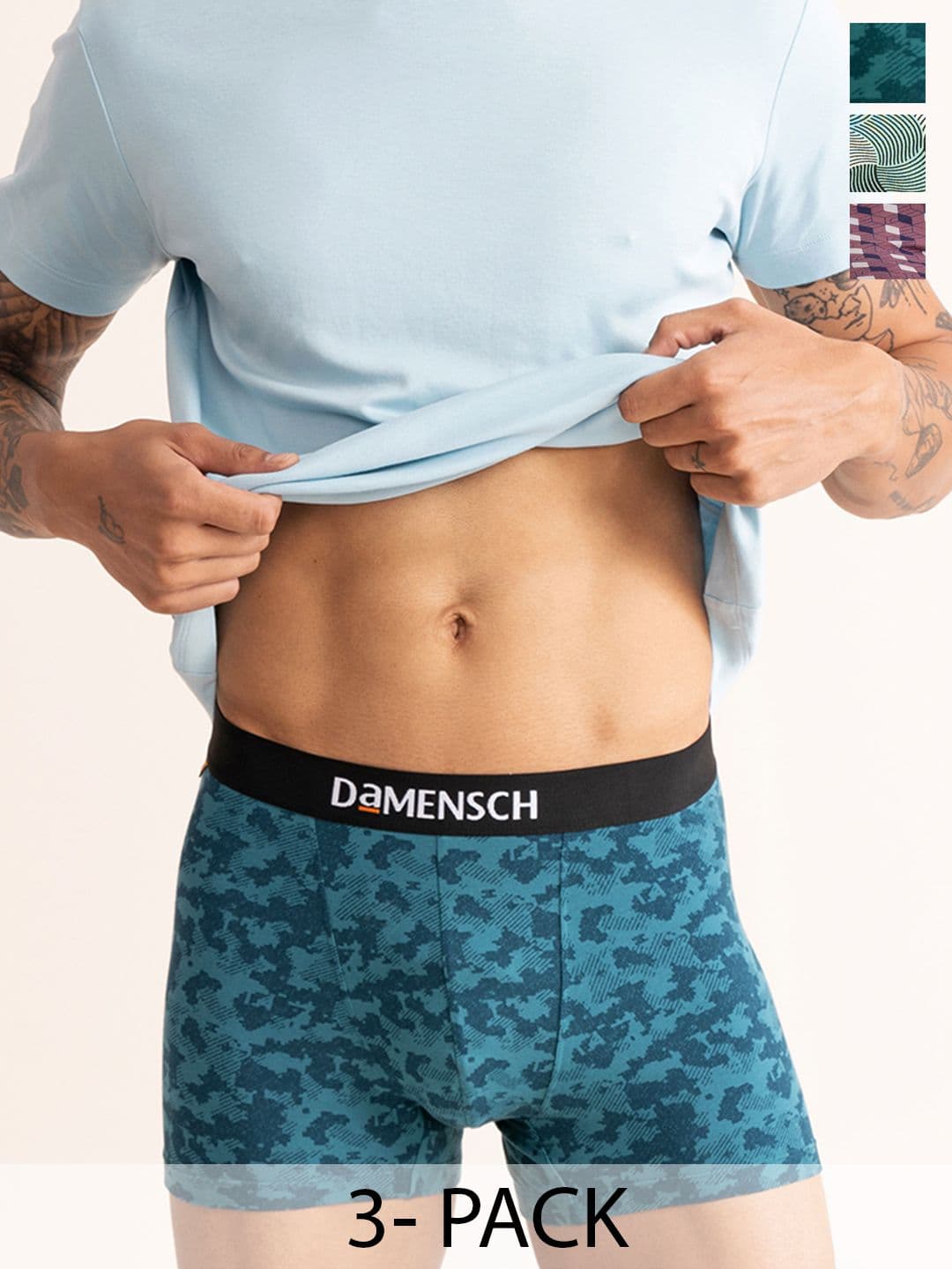DaMENSCH Pack of 3 Deo-Cotton Printed Anti-Bacterial Cotton Trunks DAM-CTPT-T-ERR-TUU-AEG - view 1