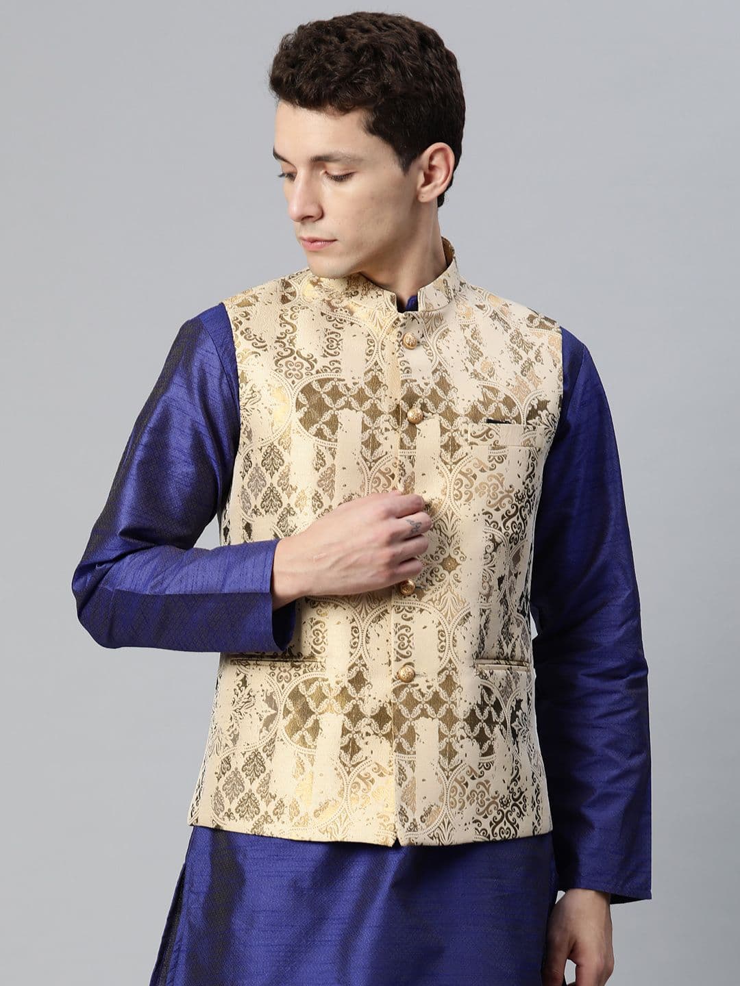 MANQ Men Woven Design Jaquard Silk Nehru Jacket - view 1