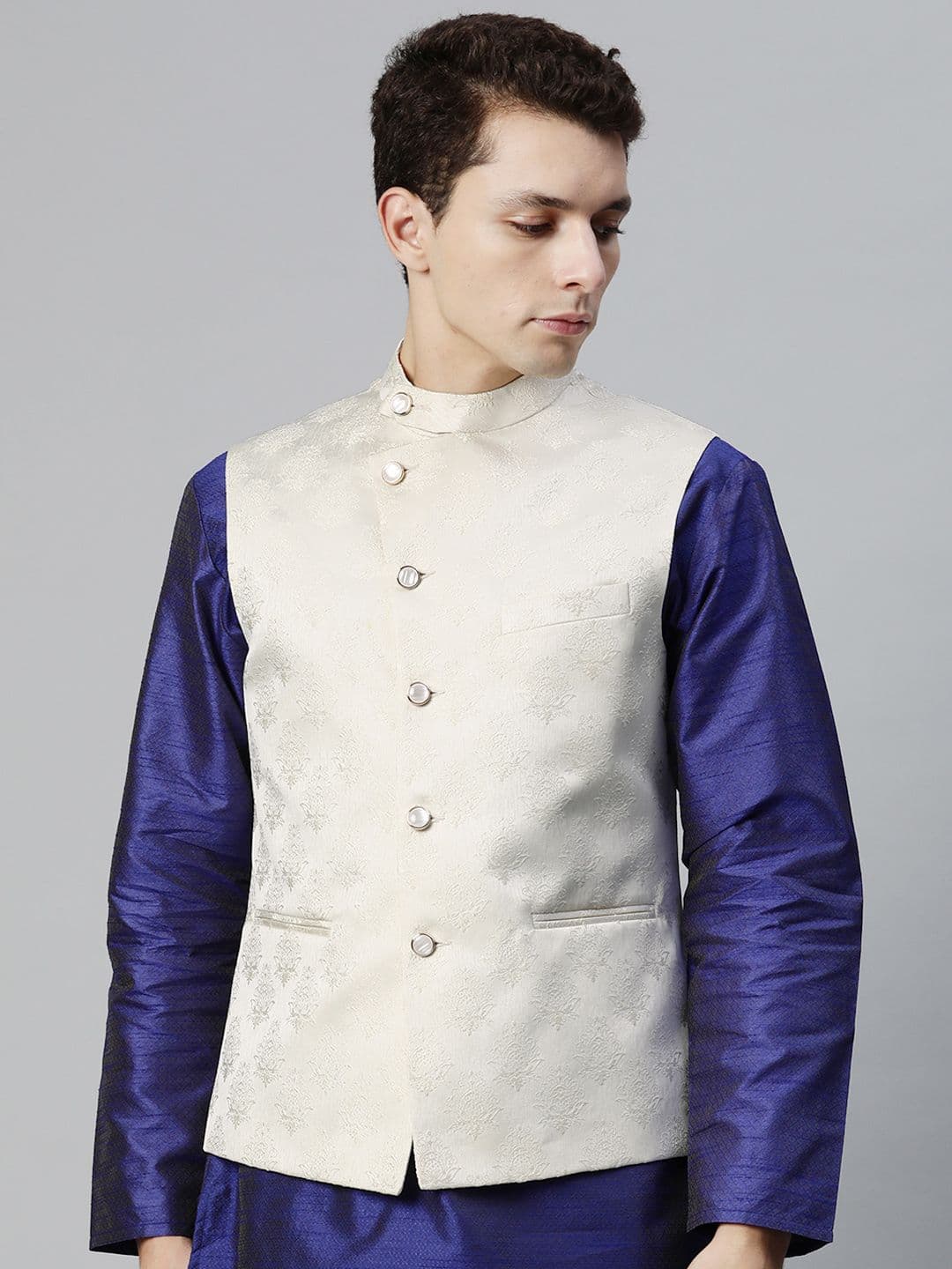MANQ Men Woven Design Jaquard Silk Nehru Jacket - view 1