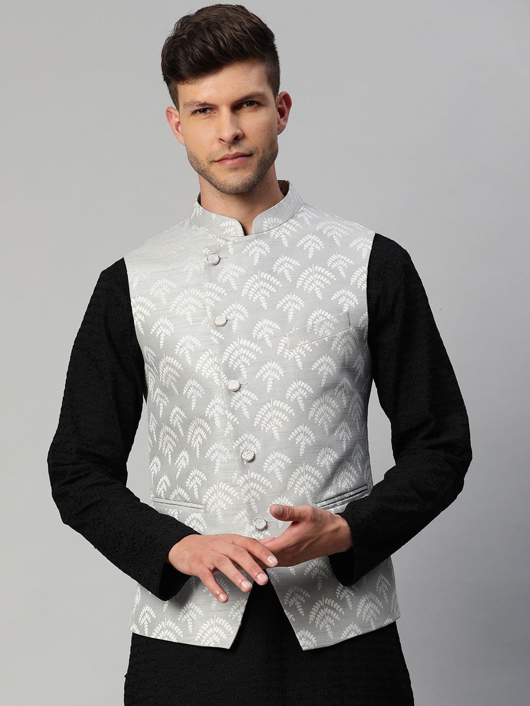 MANQ Men Grey & White Woven Design Nehru Jacket - view 1