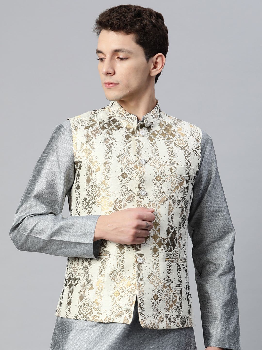 MANQ Men Woven Design Jaquard Silk Nehru Jacket - view 1