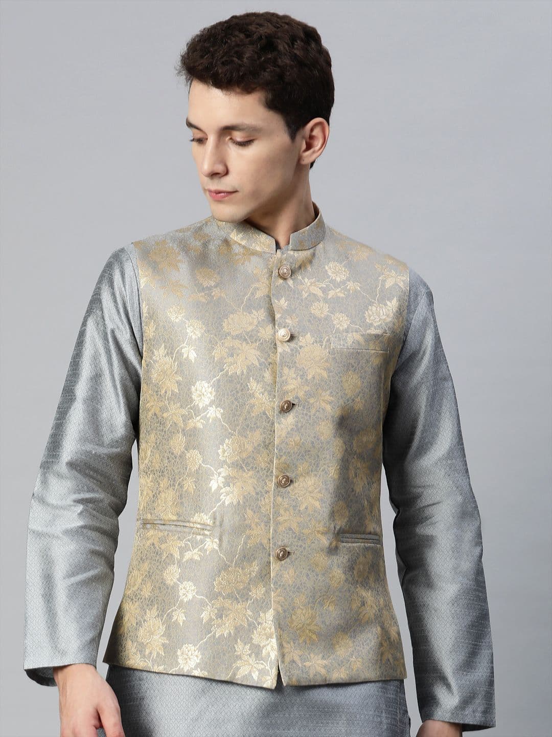 MANQ Men Woven Design Jaquard Silk Nehru Jacket - view 1
