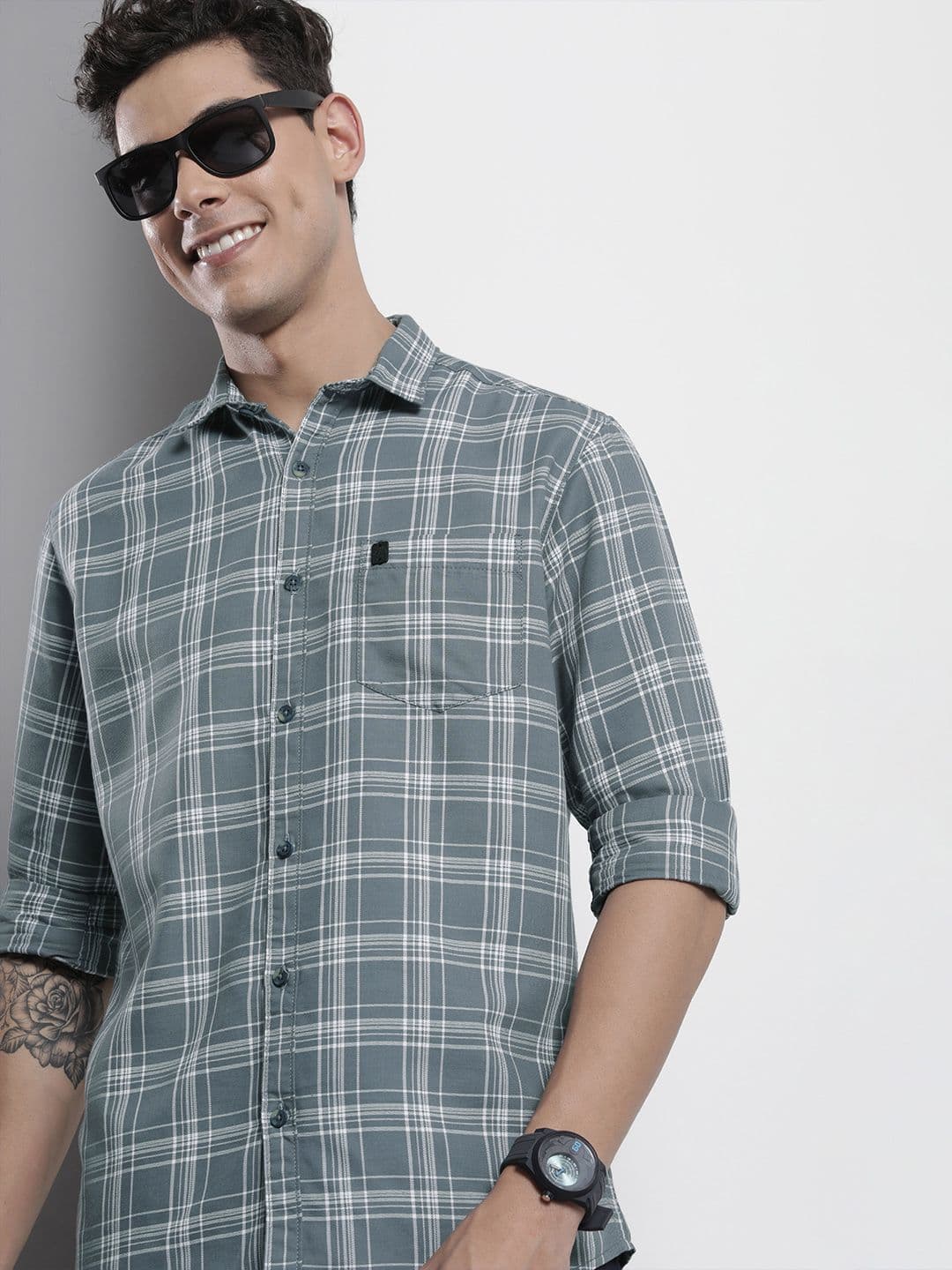 The Indian Garage Co Men Grey & White Checked Cotton Casual Shirt - view 1