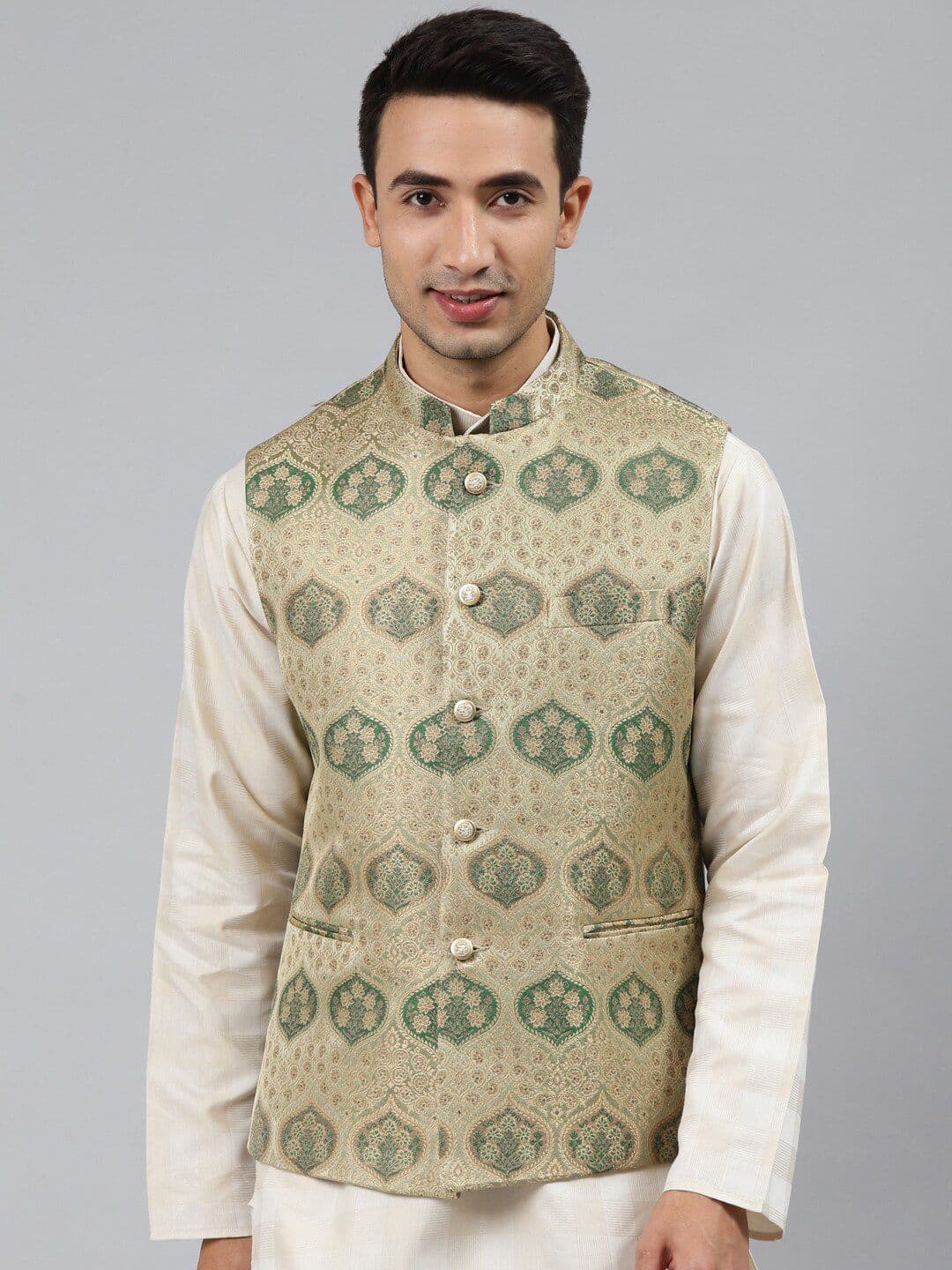 MANQ Men Woven-Design Silk Jaquard Nehru Jacket