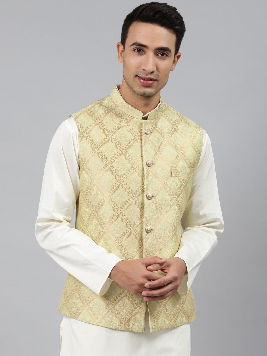 MANQ Men Green Woven-Design Jaquard Silk Nehru Jackets - view 1