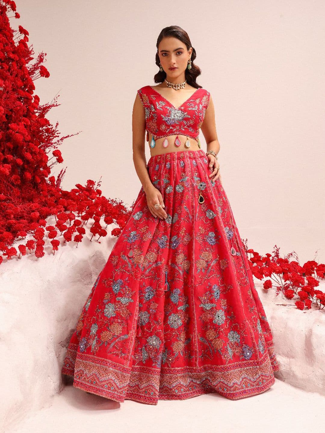 MONI K LABEL Printed V-Neck Ready to Wear Lehenga & Made Measure Blouse With Dupatta - view 1