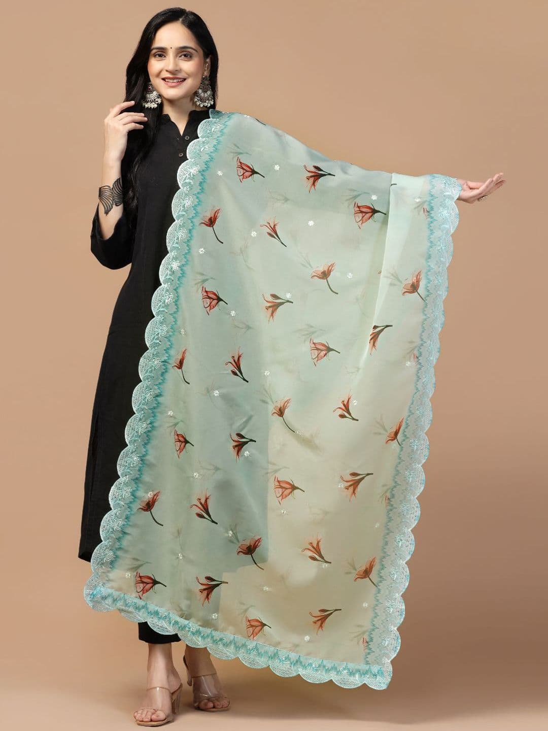 Kaizen TEXO FAB Floral Printed Thread Work Organza Dupatta - view 1