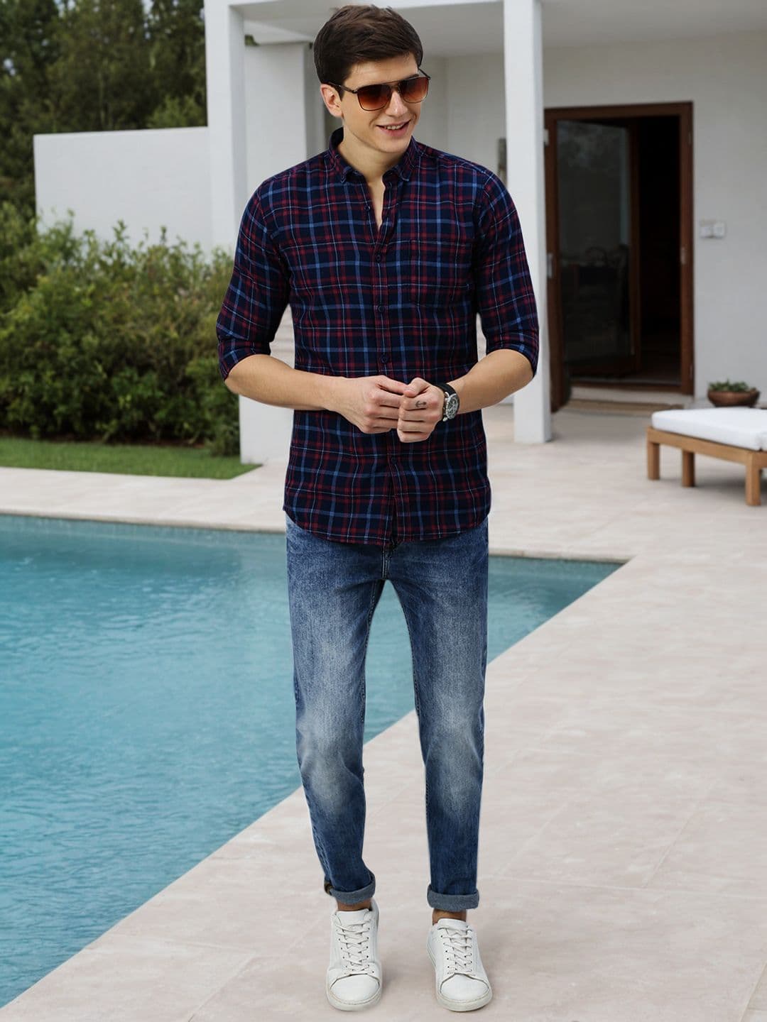 Mast & Harbour Men Navy Blue & Red Checked Casual Shirt - view 1