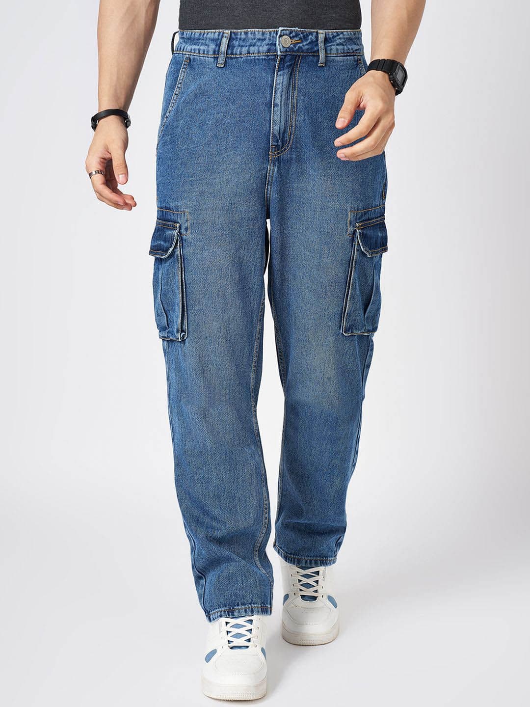 People Men Pure CottonMid-Rise Regular Fit Mildly Distressed Light Fade Cargo Styles Jeans - view 1
