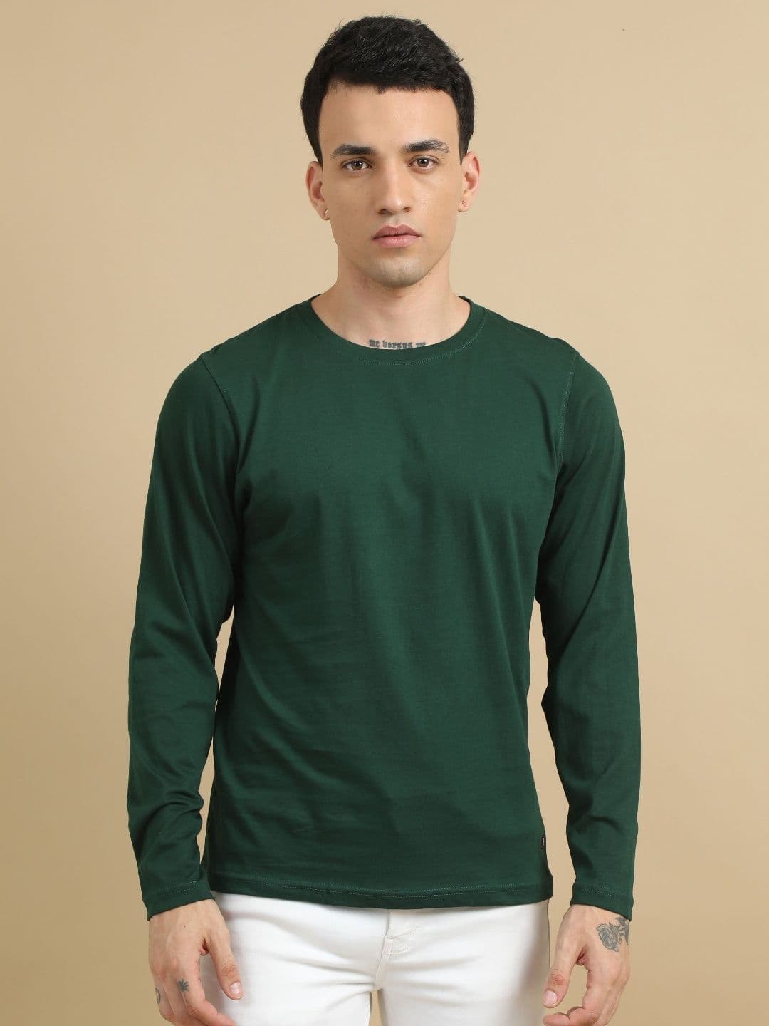 Bushirt Men Bottle Green Solid Cotton Round Neck Long Sleeves T-shirt - view 1