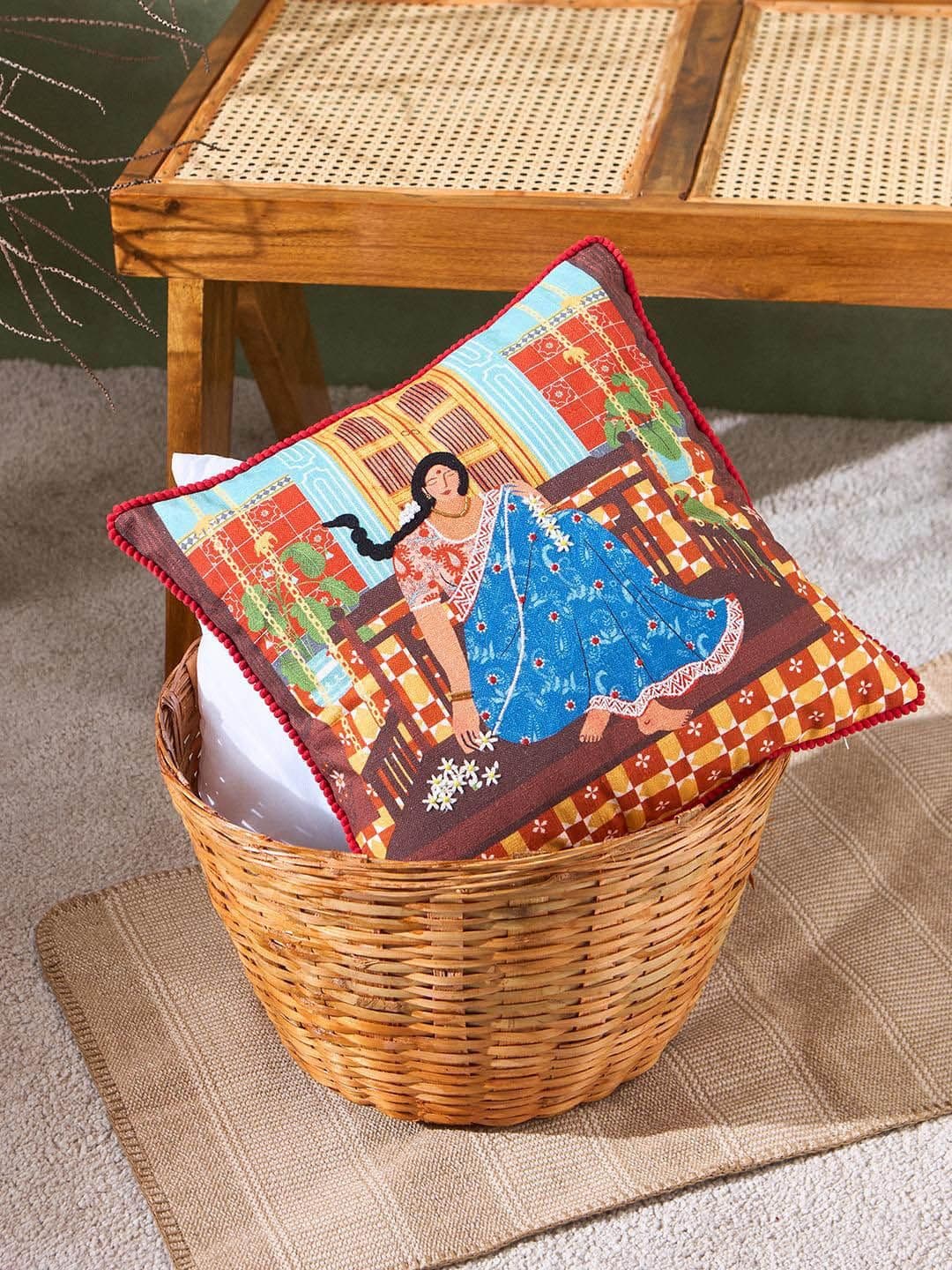 Chumbak Brown & Blue Ethnic Motifs Cotton Square Cushion Cover - view 1