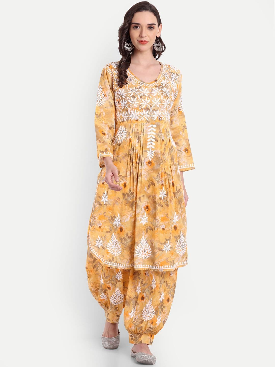 Indiankala4u Ethnic Motifs Embroidered Straight Chikankari Pure Cotton Kurta with Salwar - view 1