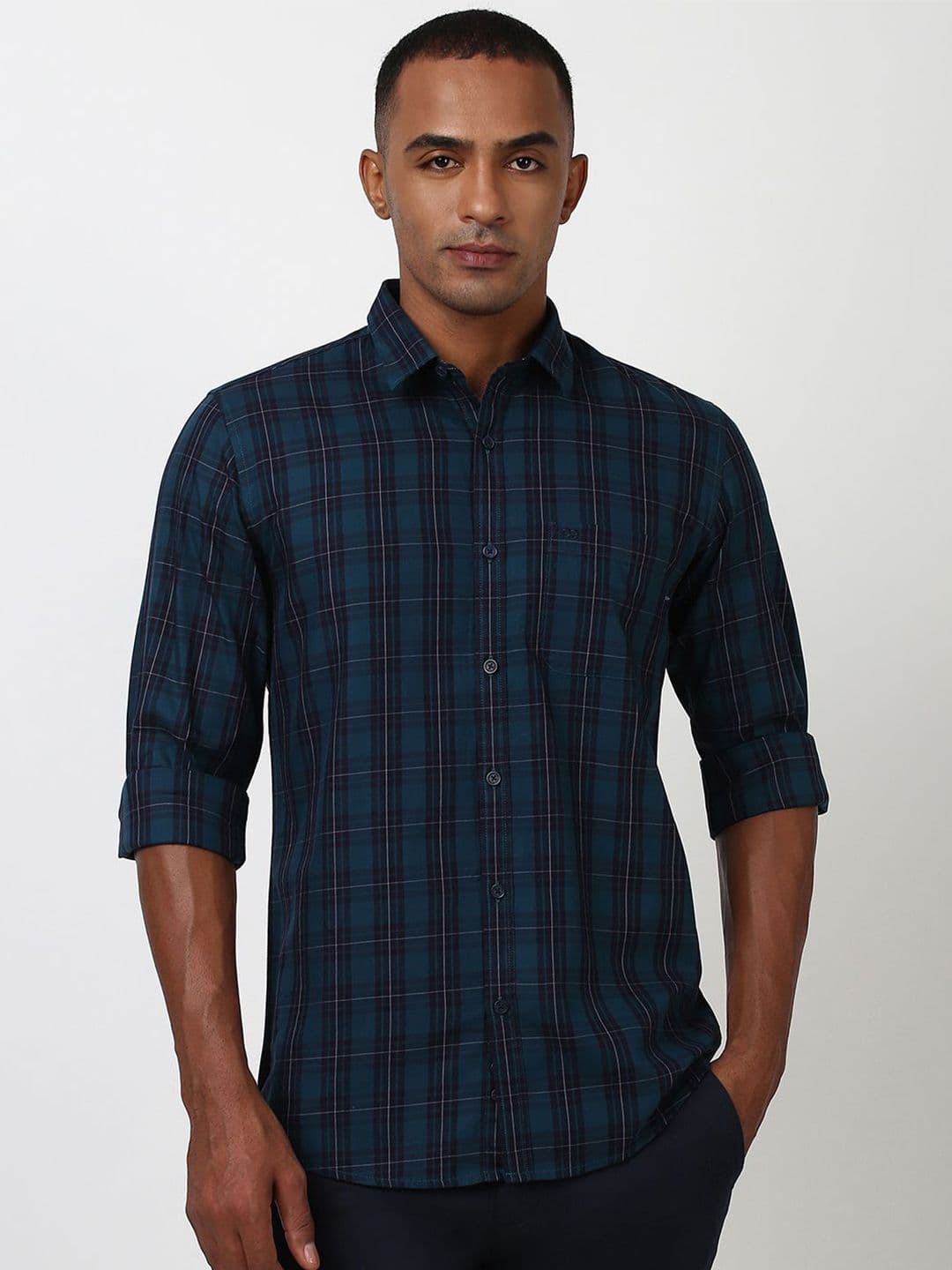 Peter England Casuals Men Spread Collar Tartan Checked Cotton Slim Fit Casual Shirt - view 1