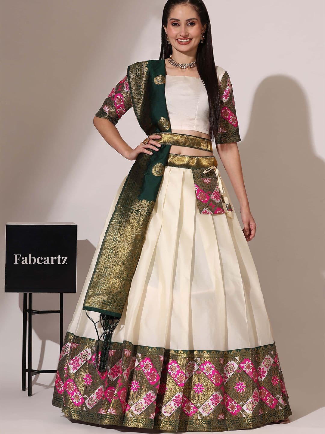 Fabcartz Woven Design Semi-Stitched Lehenga & Unstitched Blouse With Dupatta - view 1