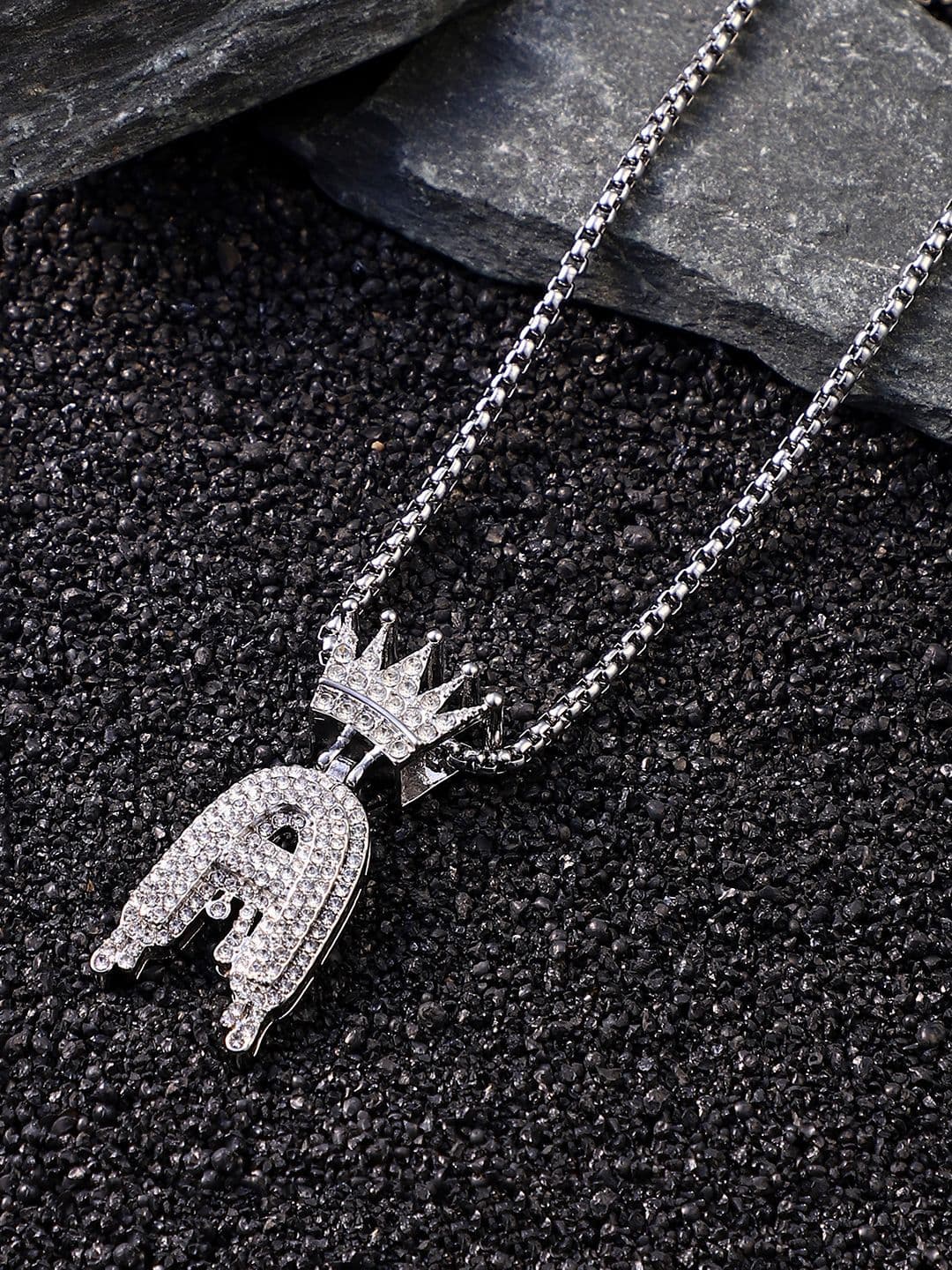 French Accent Men Silver-Plated Stone Studded Drip Alphabet A Pendant With Chain - view 1