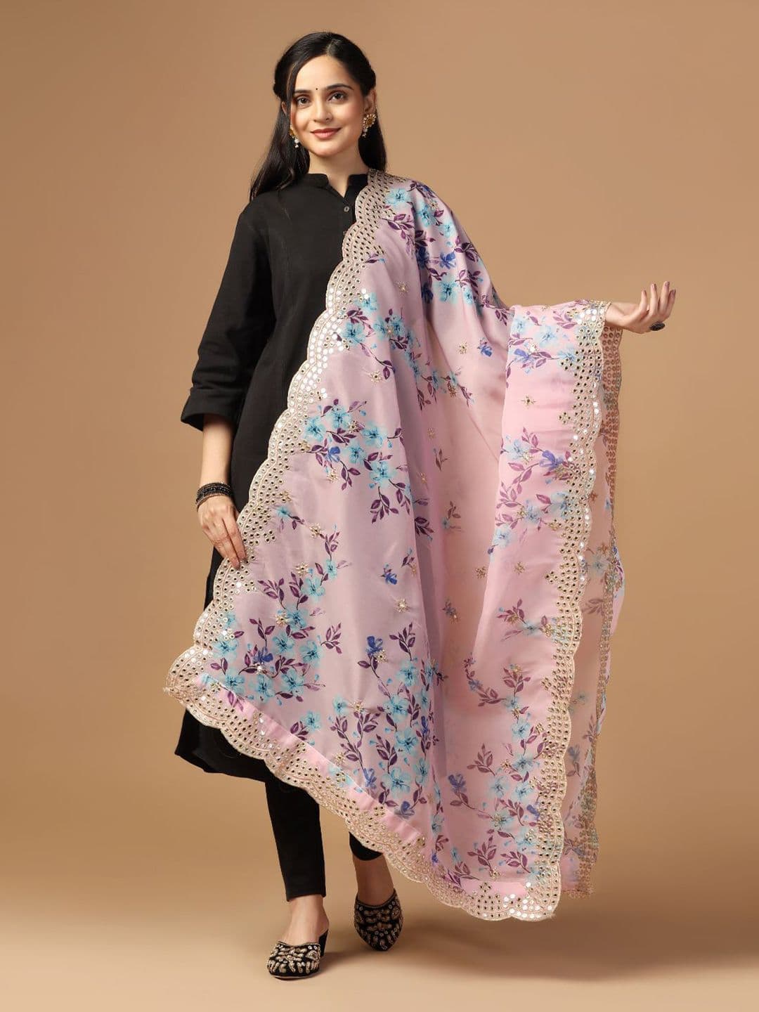 Kaizen TEXO FAB Floral Printed Mirror Work Organza Dupatta - view 1
