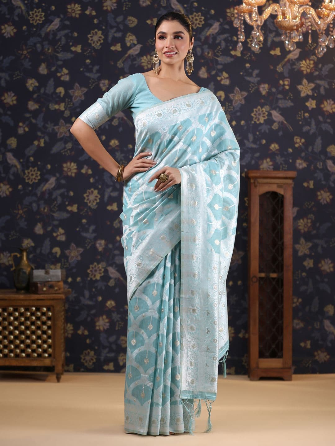 House of Pataudi Woven Design ethnic motifs pure linen Banarasi Saree - view 1
