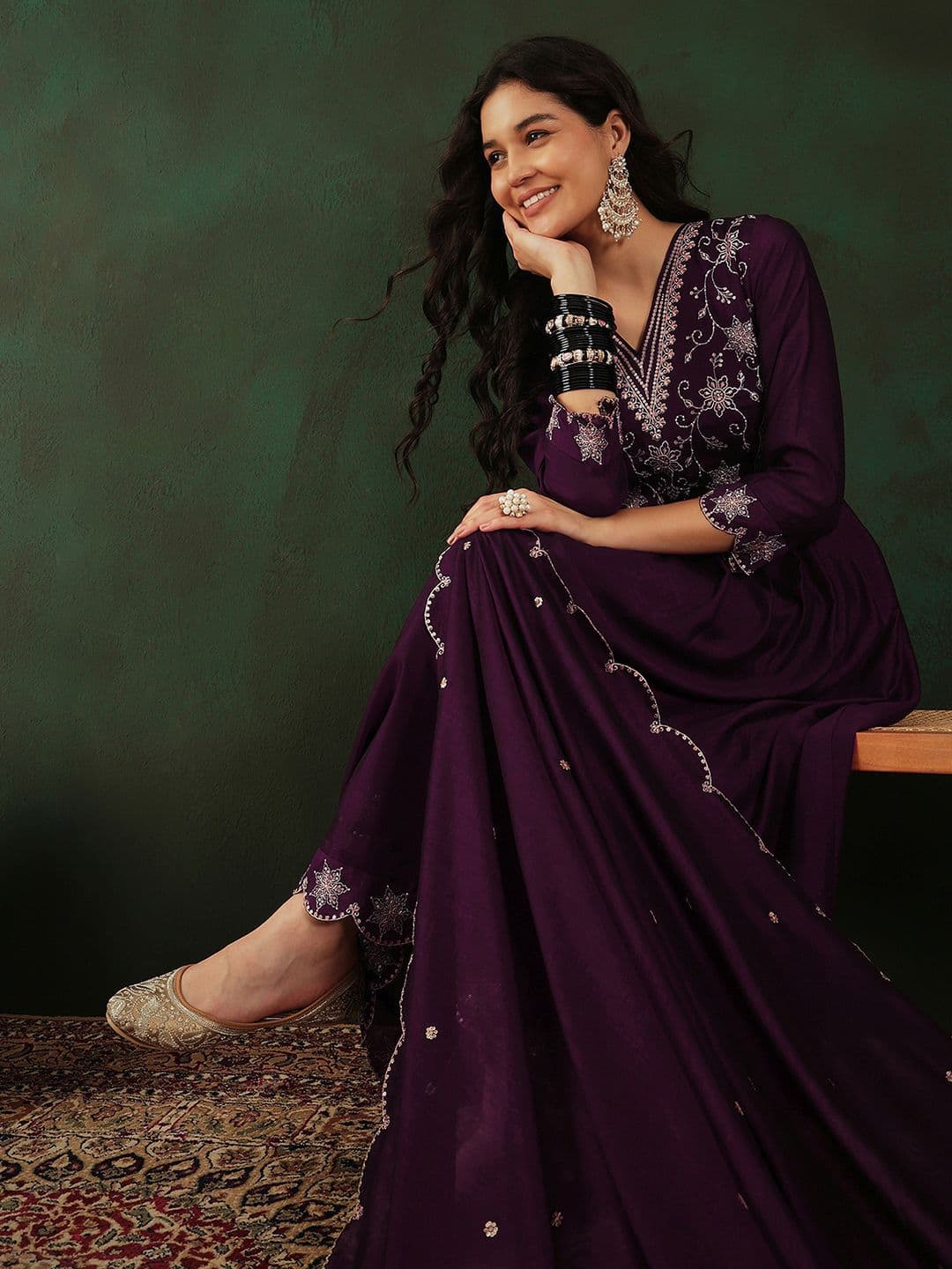 Sangria Magenta Floral Embroidered Zari Anarkali Kurta With Trouser & Dupatta - view 1