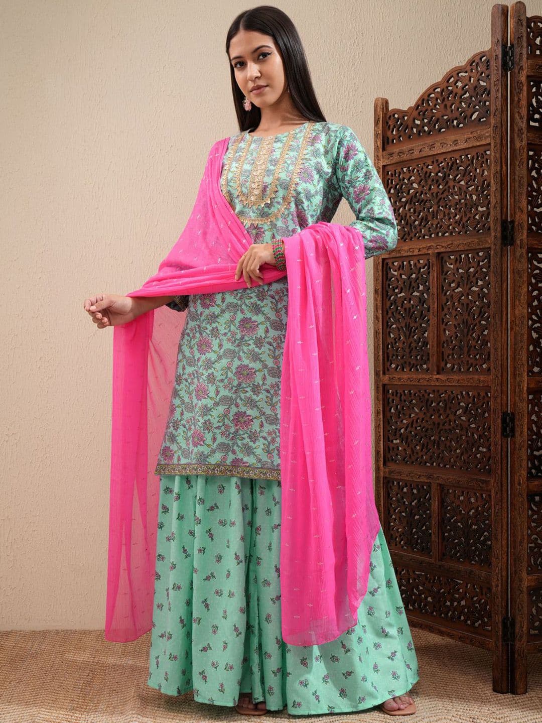 Vishudh Pink Floral Printed Thread Work Zari Kurta With Sharara & Dupatta - view 1