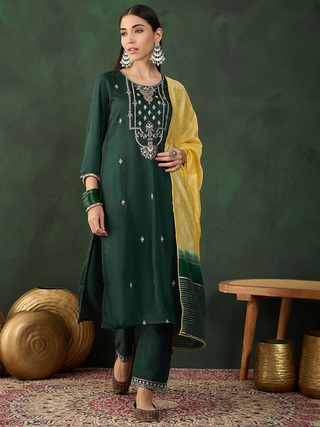 Sangria Floral Embroidered Sequinned Straight Kurta With Dupatta - view 1